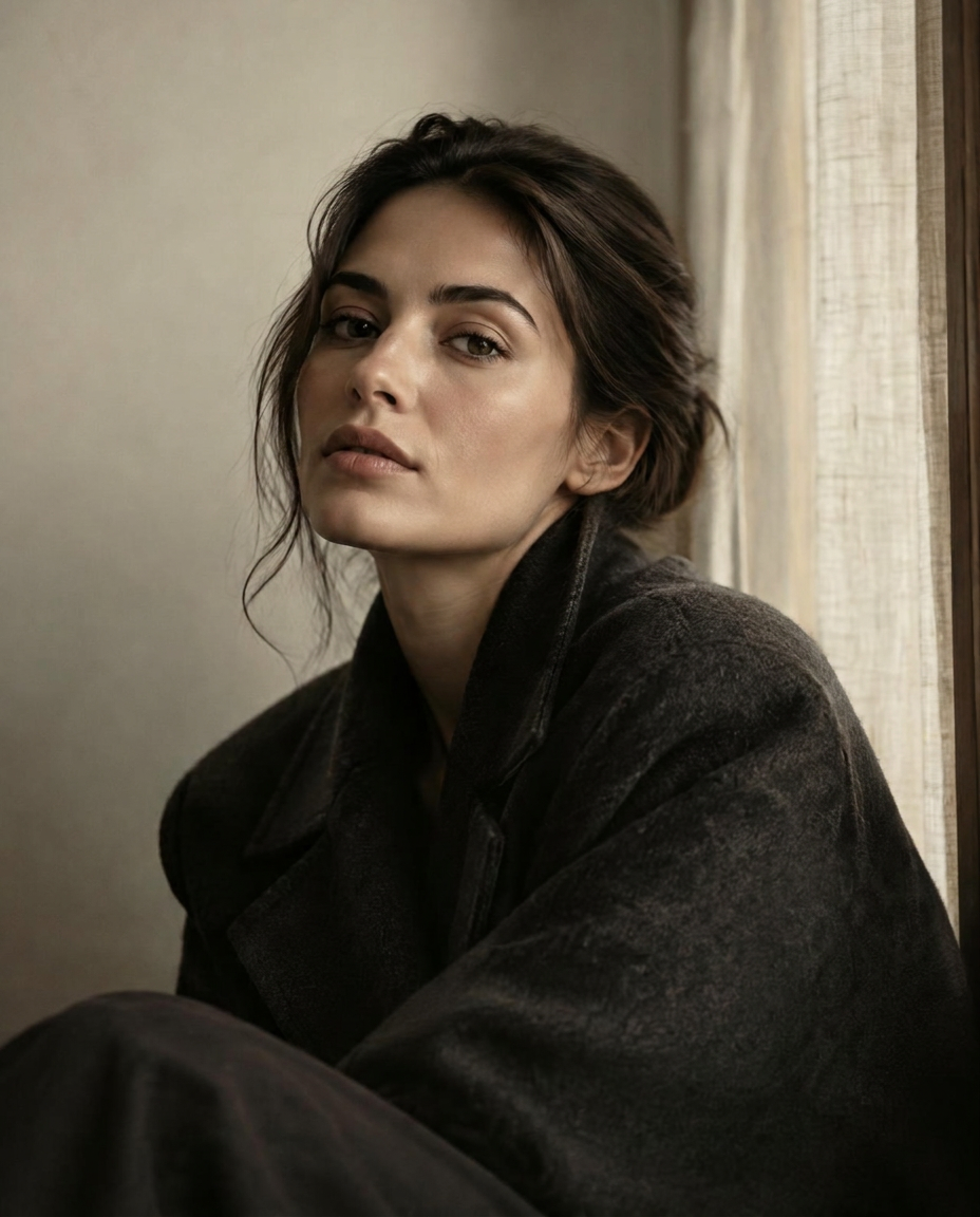 Editorial portrait of a woman in a charcoal coat by window light